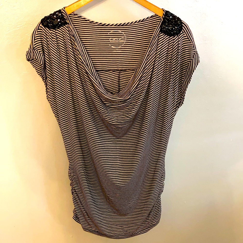 Black and cream striped shirt with beaded shoulder